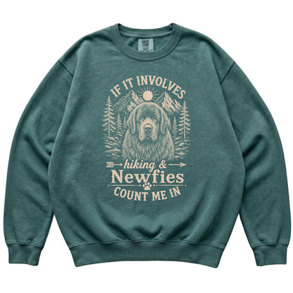 Blue Spruce Comfort Colors® sweatshirt featuring Hiking and Newfies, laid-flat presentation