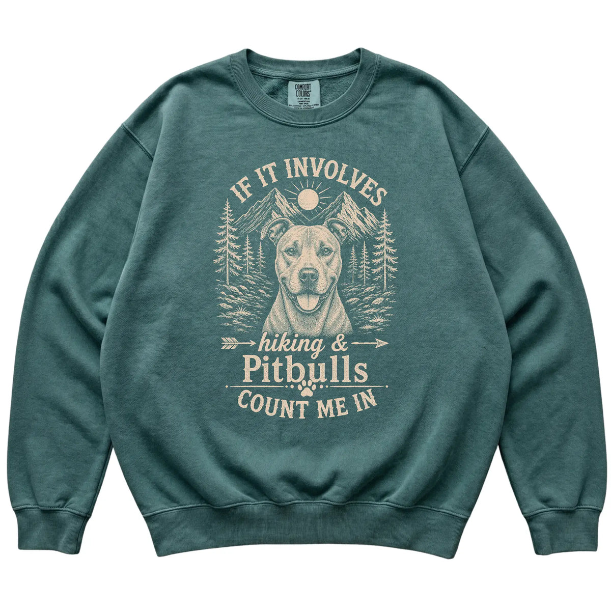 Blue Spruce Comfort Colors® sweatshirt featuring Hiking and Pitbulls, laid-flat presentation