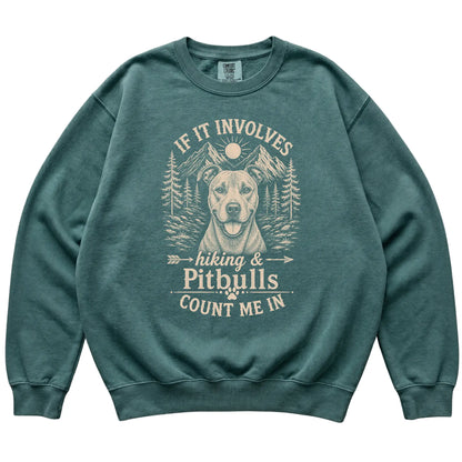 Blue Spruce Comfort Colors® sweatshirt featuring Hiking and Pitbulls, laid-flat presentation