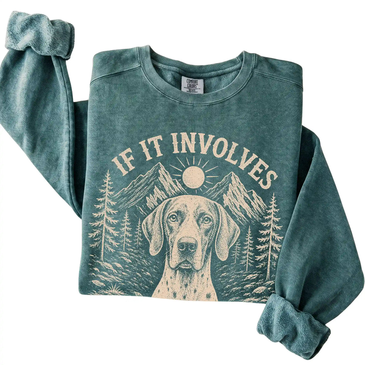 Blue Spruce Comfort Colors® sweatshirt featuring Hiking and Pointers, folded presentation