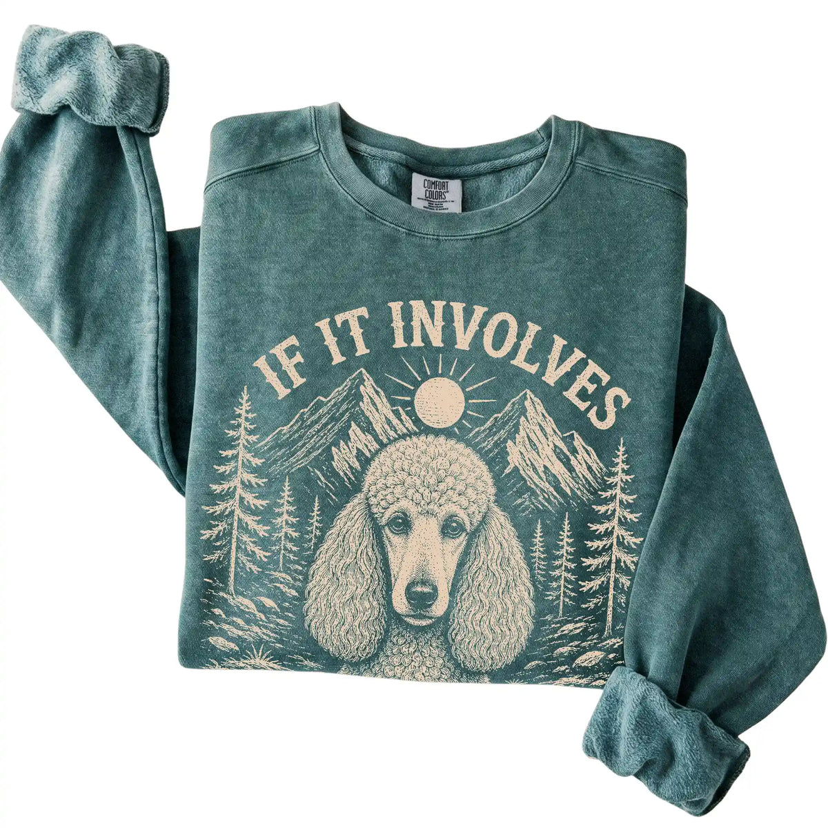 Blue Spruce Comfort Colors® sweatshirt featuring Hiking and Poodles, folded presentation