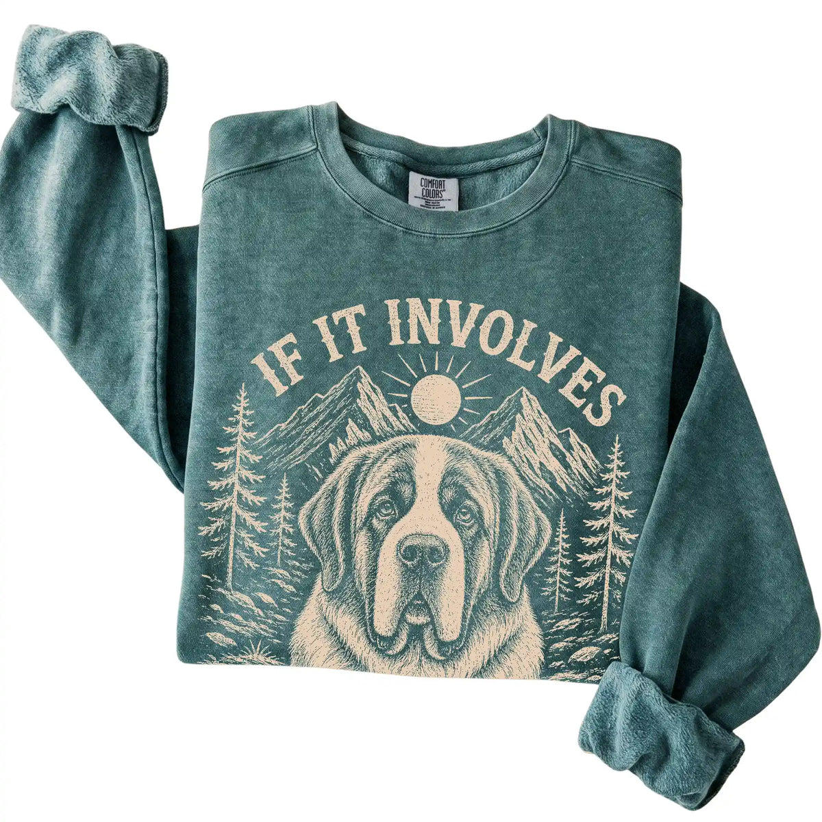 Blue Spruce Comfort Colors® sweatshirt featuring Hiking and Saint Bernards, folded presentation