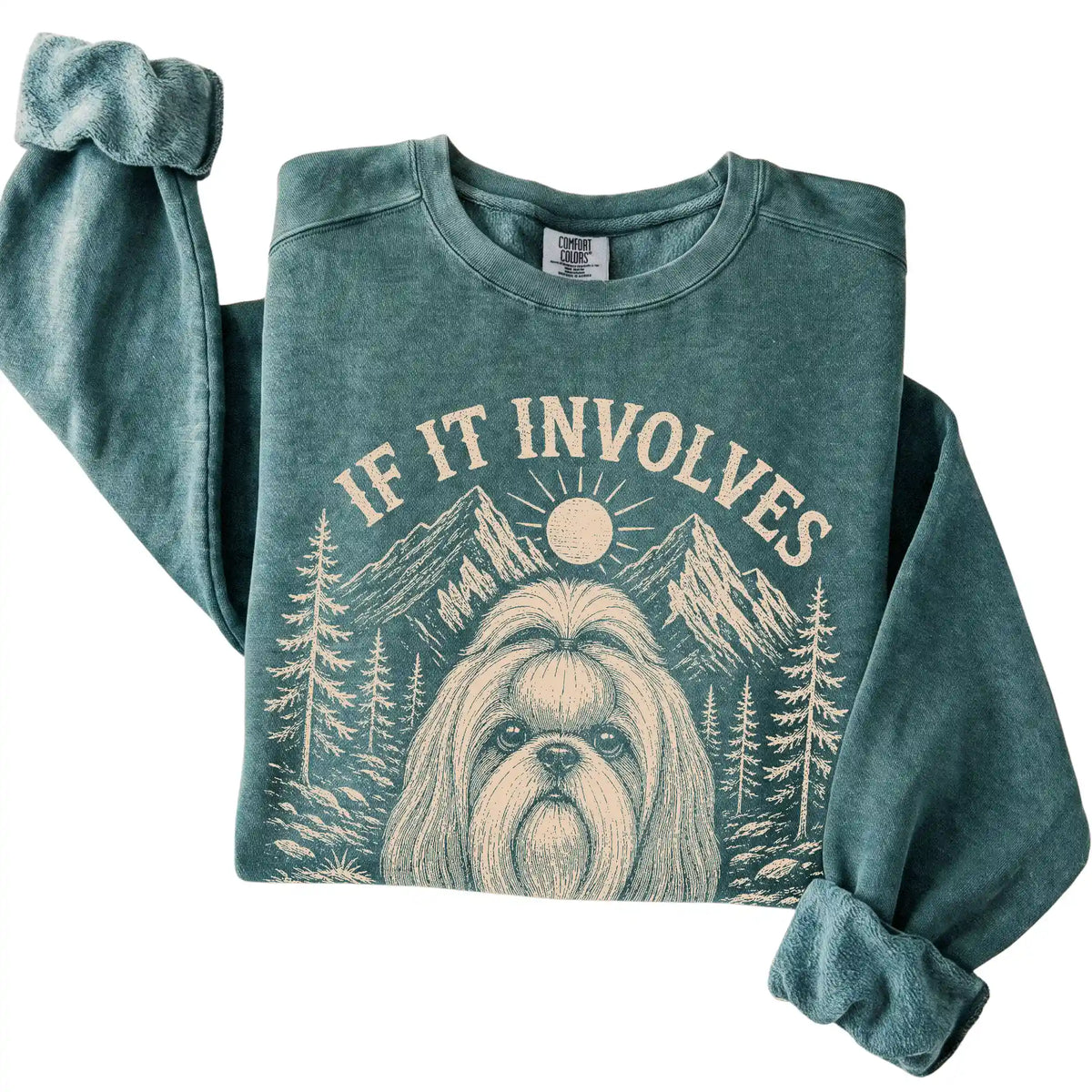 Blue Spruce Comfort Colors® sweatshirt featuring Hiking and Shih Tzus, folded presentation