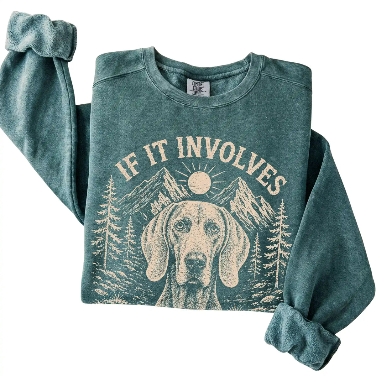 Blue Spruce Comfort Colors® sweatshirt featuring Hiking and Weimaraners, folded presentation