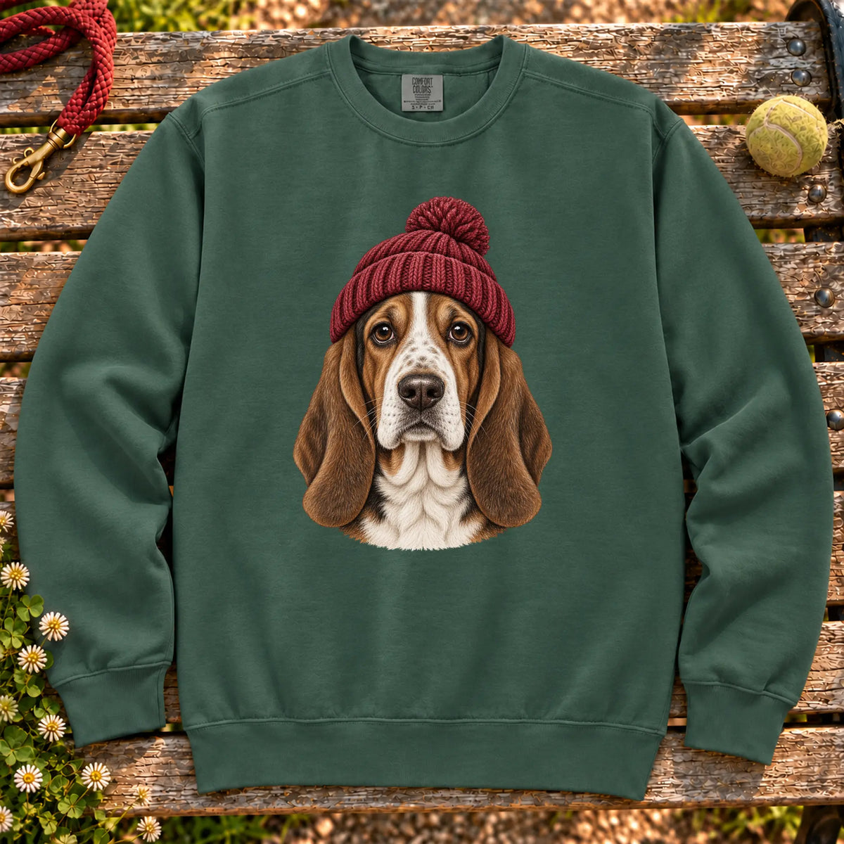 Blue Spruce Basset Hound hipster sweatshirt with a dog portrait in a chunky maroon beanie