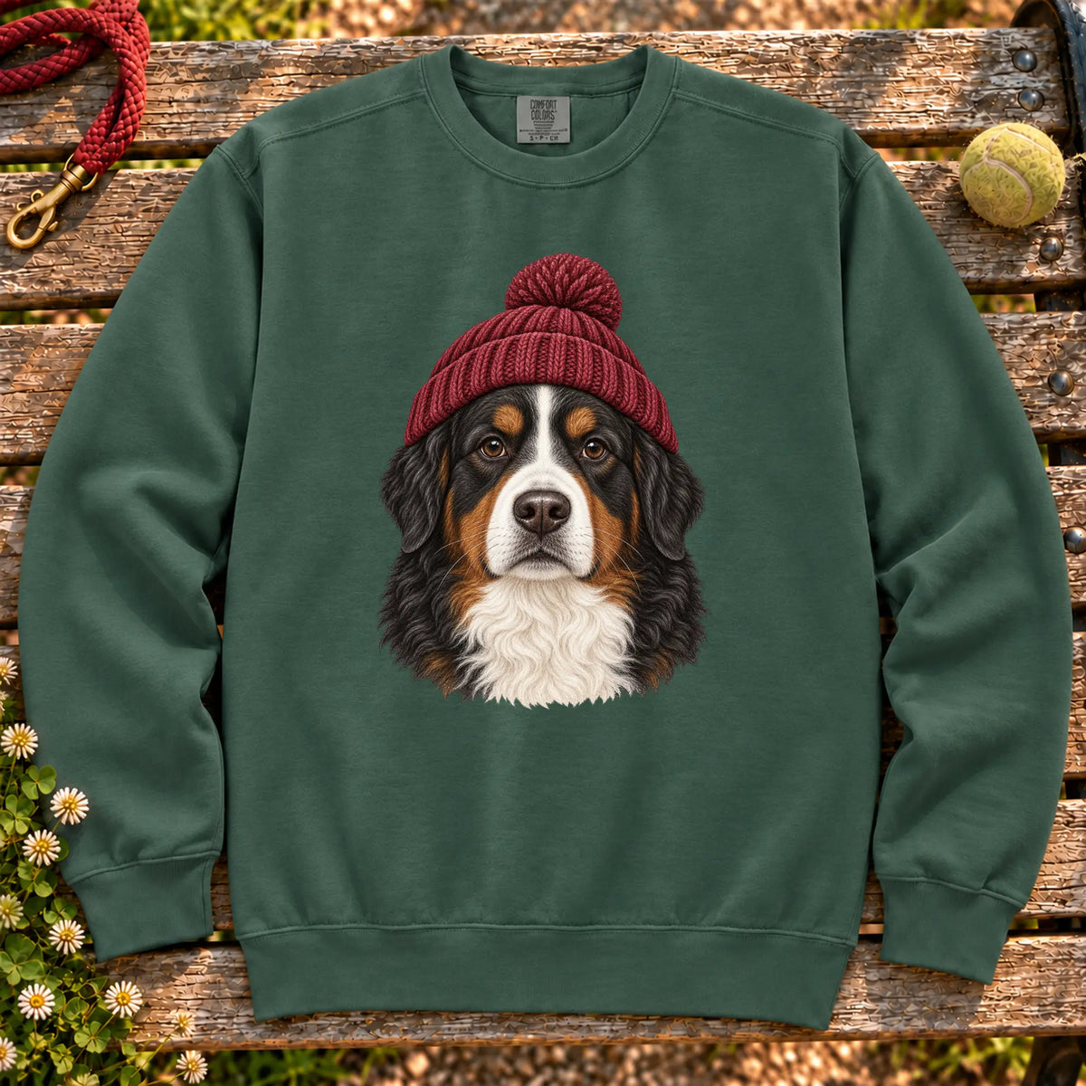 Blue Spruce Bernese Mountain Dog hipster sweatshirt with a dog portrait in a chunky maroon beanie