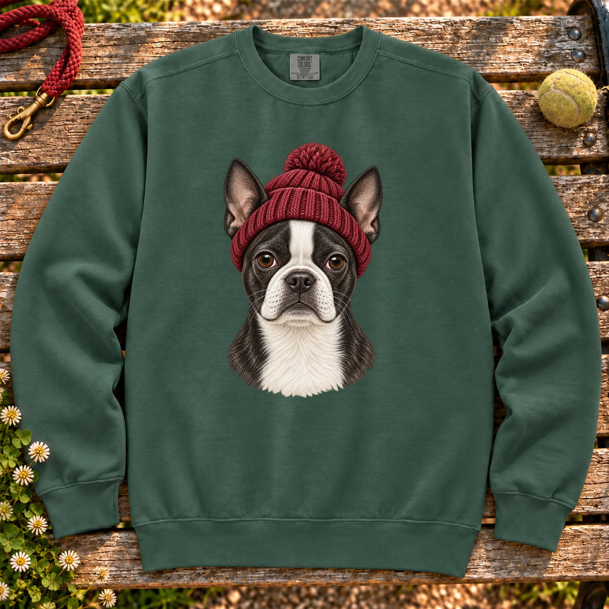 Blue Spruce Boston Terrier hipster sweatshirt with a dog portrait in a chunky maroon beanie