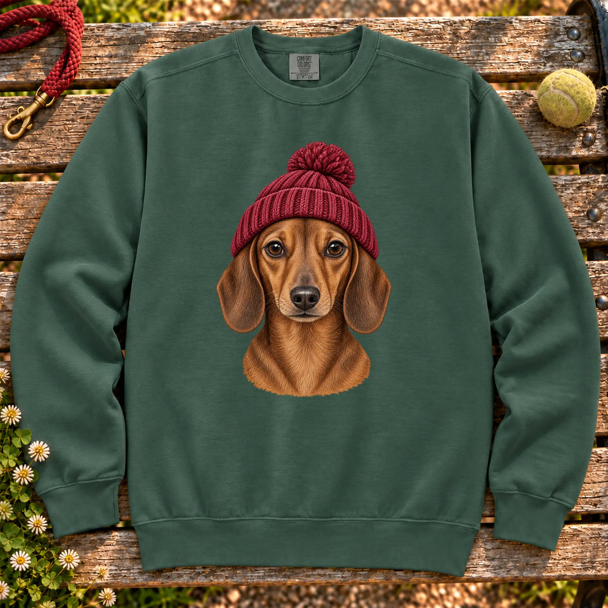 Blue Spruce Dachshund hipster sweatshirt with a dog portrait in a chunky maroon beanie