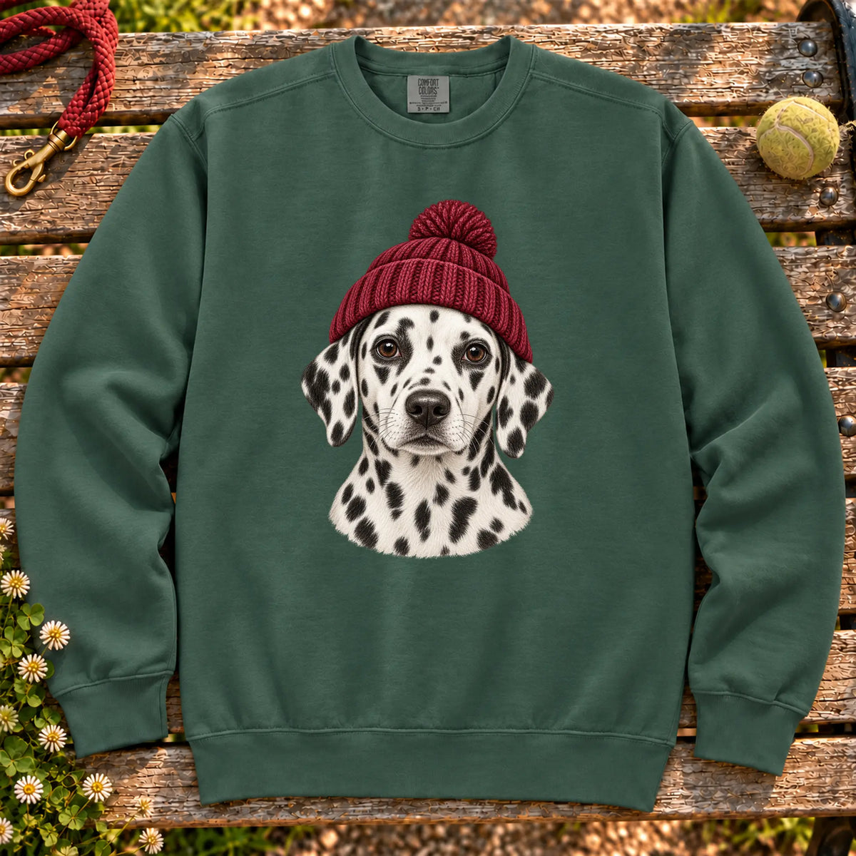 Blue Spruce Dalmatian hipster sweatshirt with a dog portrait in a chunky maroon beanie