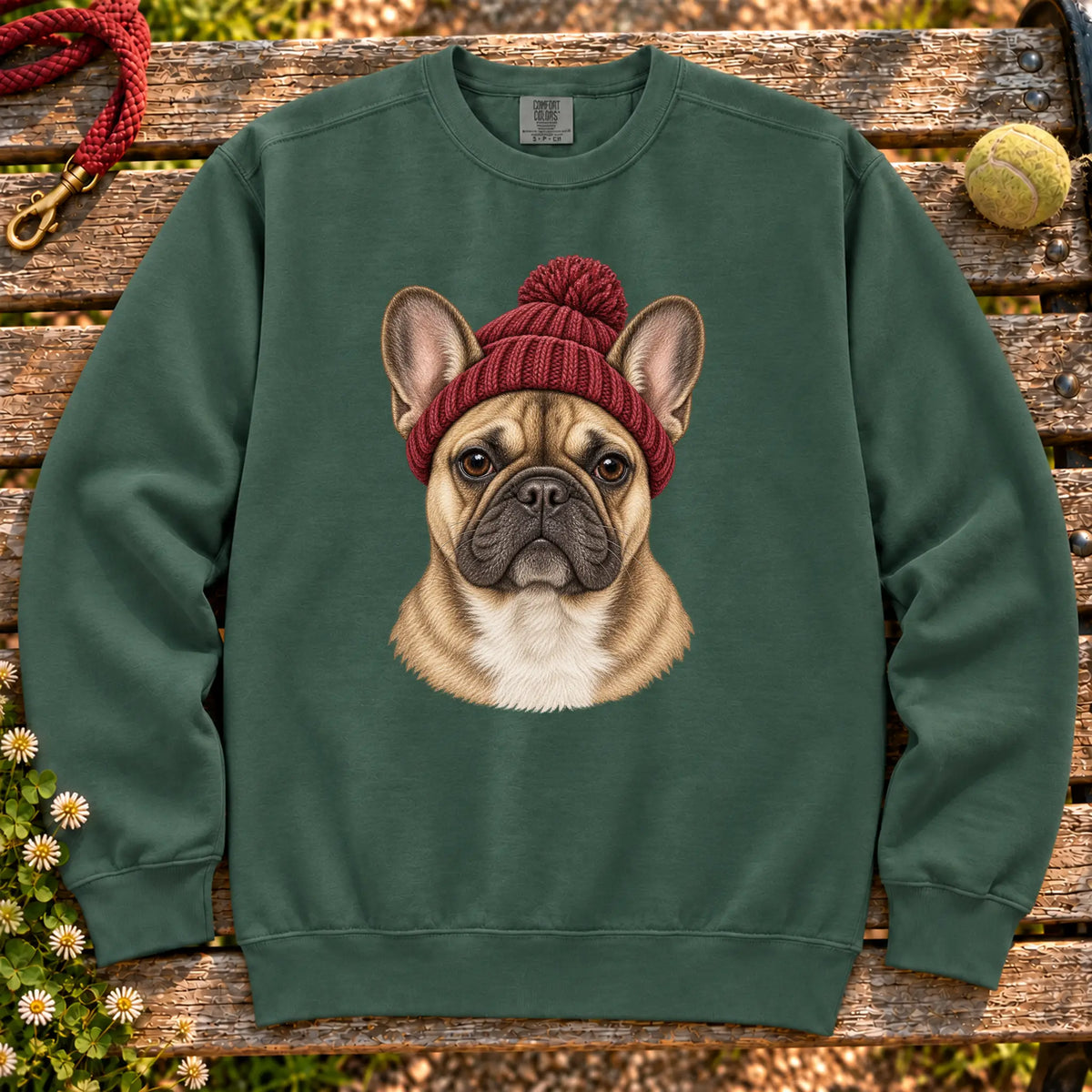 Blue Spruce French Bulldog hipster sweatshirt with a dog portrait in a chunky maroon beanie