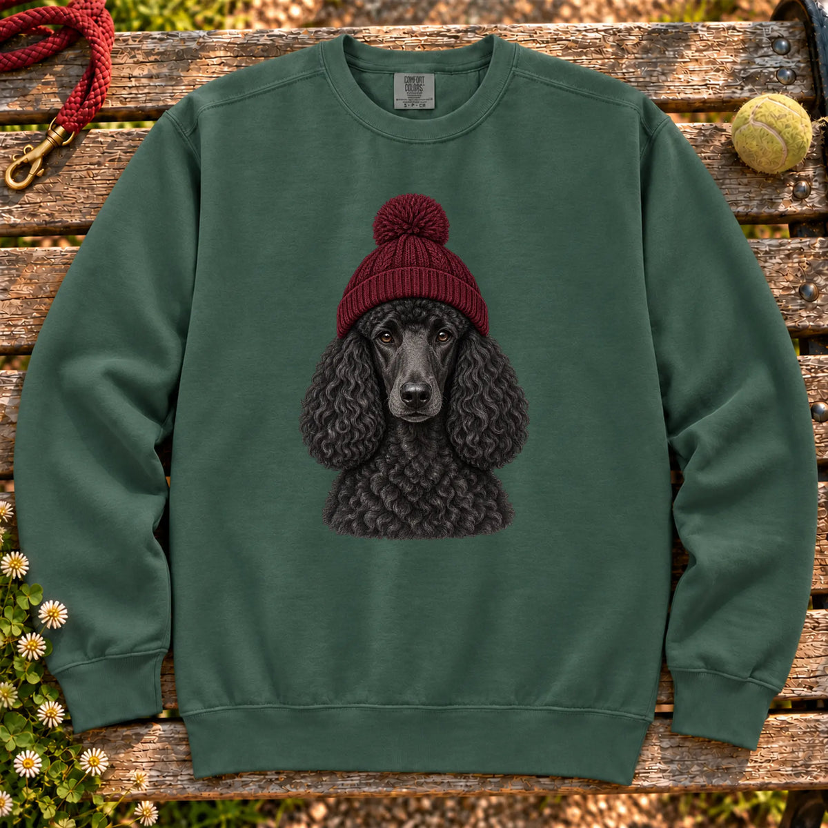 Blue Spruce Poodle hipster sweatshirt with a dog portrait in a chunky maroon beanie