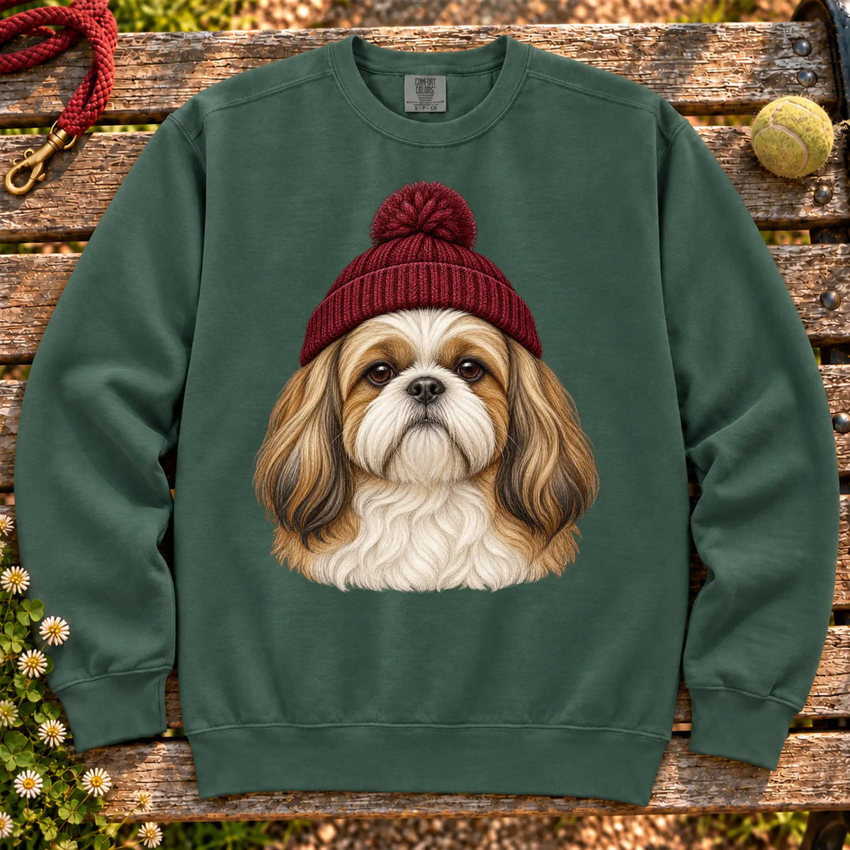 Blue Spruce Shih Tzu hipster sweatshirt with a dog portrait in a chunky maroon beanie