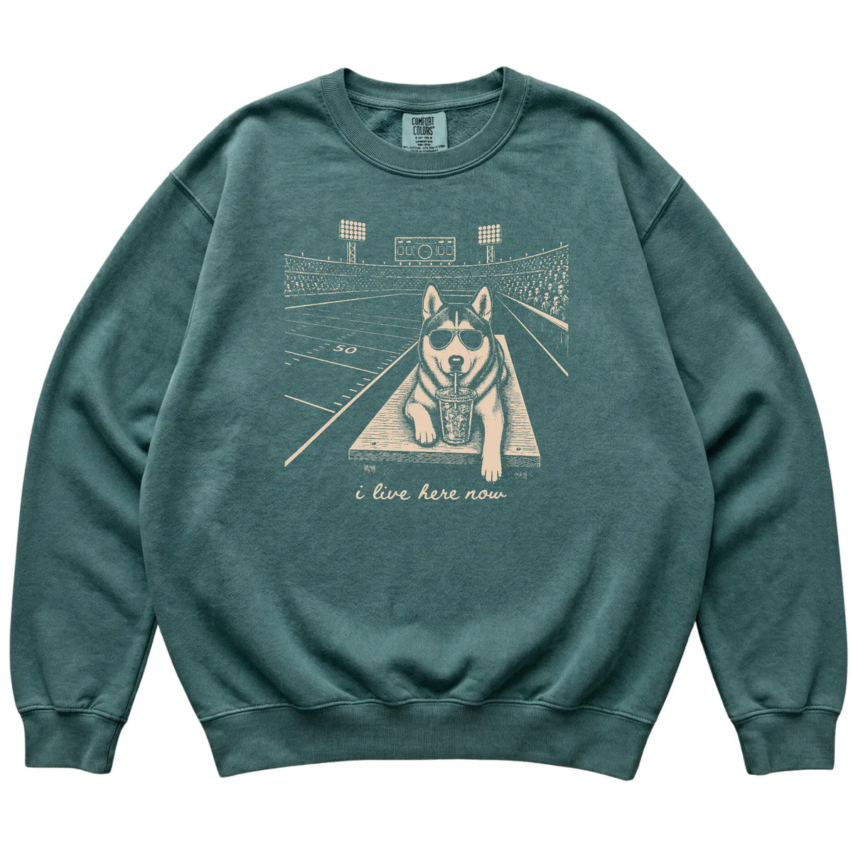 Blue Spruce Husky Football Tailgate sweatshirt laid flat
