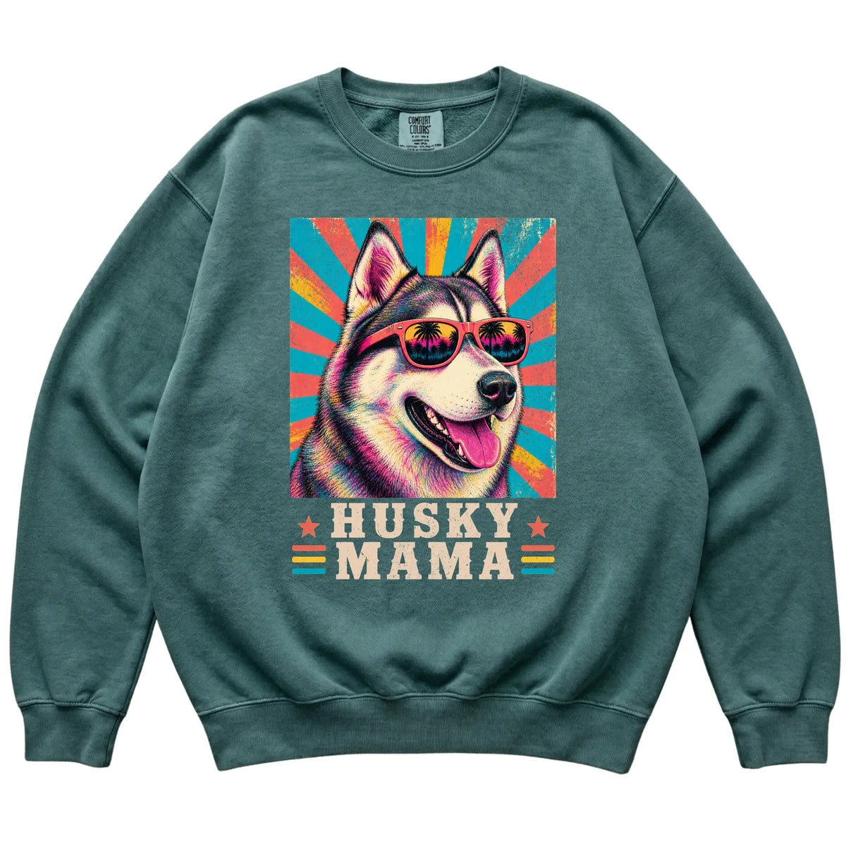 Retro Husky Mama design on a Blue Spruce Comfort Colors sweatshirt