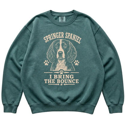 Blue Spruce Comfort Colors® sweatshirt featuring I Bring The Bounce - Springer Spaniel, laid-flat presentation