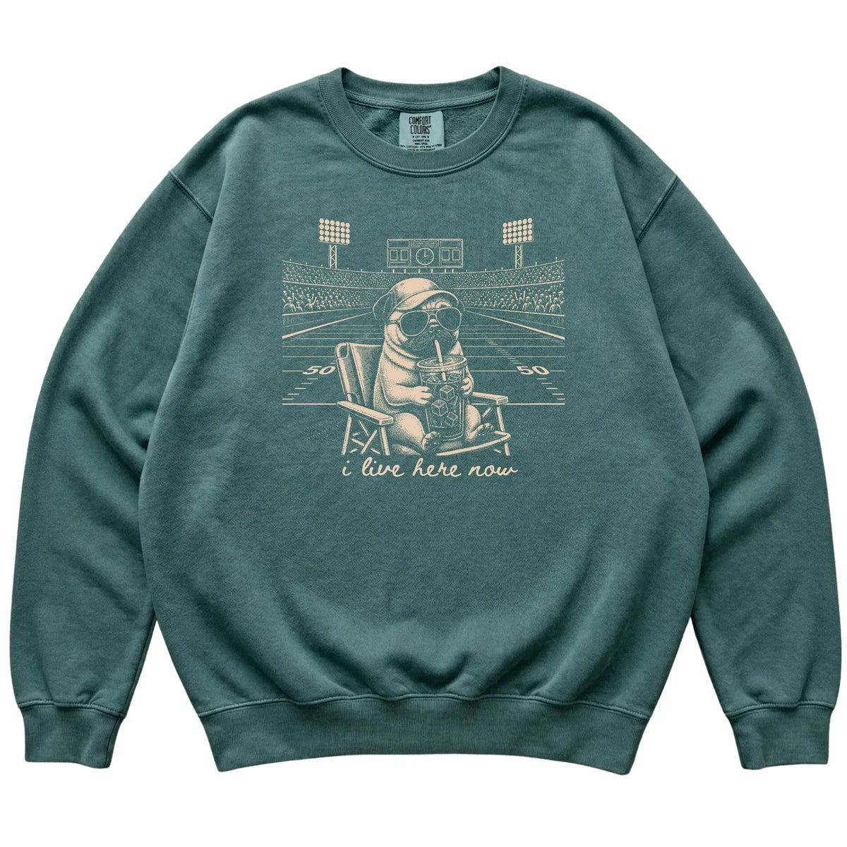 Blue Spruce Pug Iced Coffee Football sweatshirt laid flat