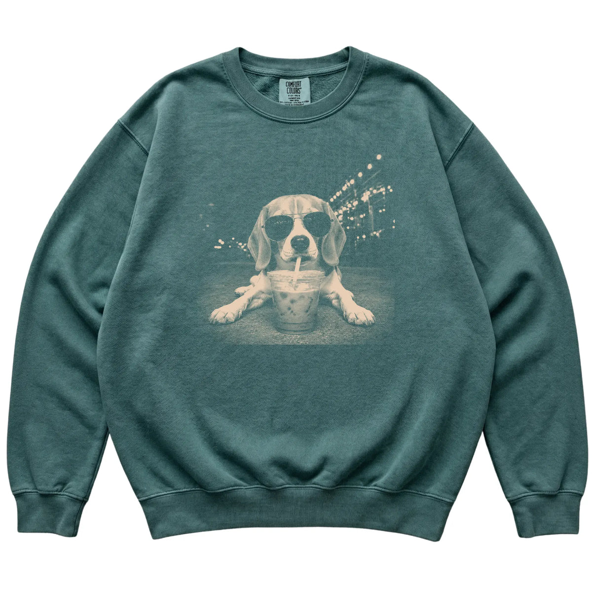Beagle wearing aviator sunglasses and drinking iced coffee on a Blue Spruce Comfort Colors 1566 Sweatshirt, flat lay view