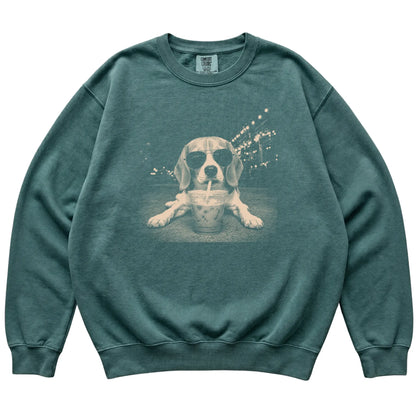Beagle wearing aviator sunglasses and drinking iced coffee on a Blue Spruce Comfort Colors 1566 Sweatshirt, flat lay view