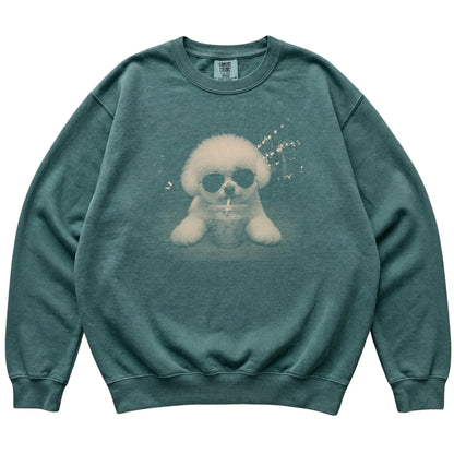 Bichon Frise wearing aviator sunglasses and drinking iced coffee on a Blue Spruce Comfort Colors 1566 Sweatshirt, flat lay view