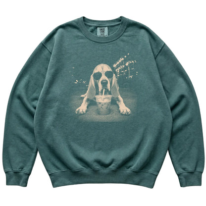 Bloodhound wearing aviator sunglasses and drinking iced coffee on a Blue Spruce Comfort Colors 1566 Sweatshirt, flat lay view
