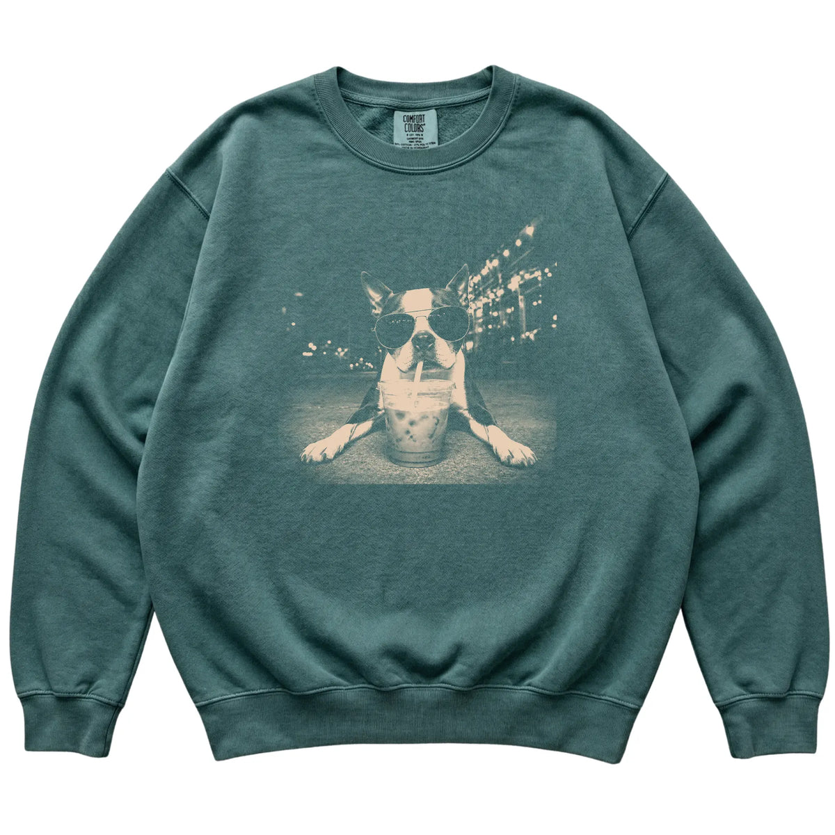 Boston Terrier wearing aviator sunglasses and drinking iced coffee on a Blue Spruce Comfort Colors 1566 Sweatshirt, flat lay view