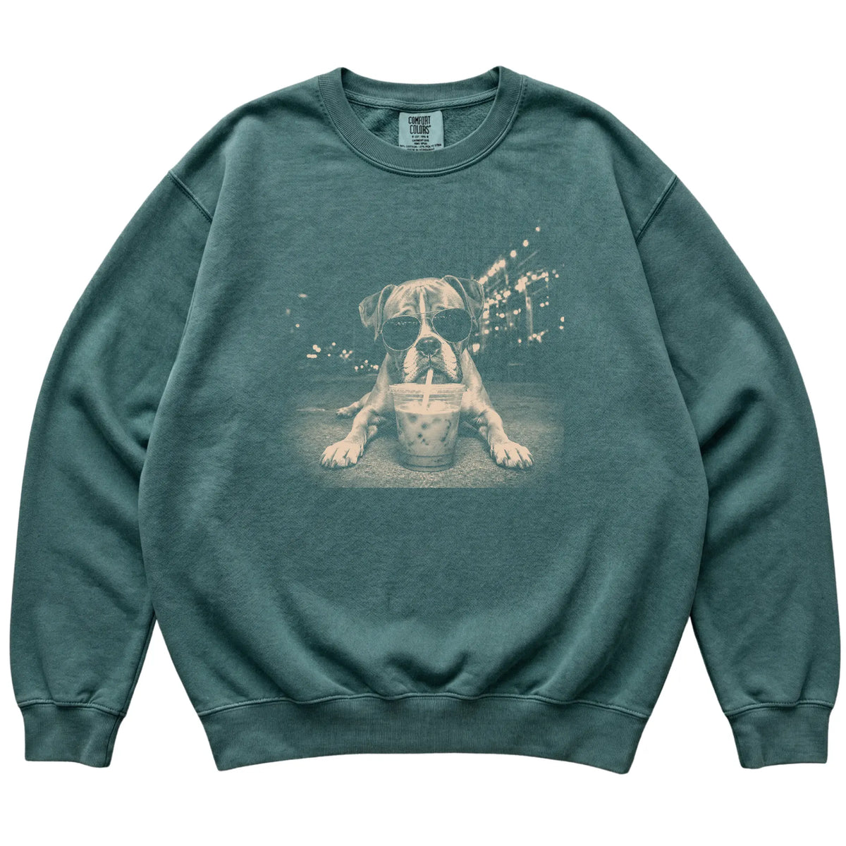 Boxer wearing aviator sunglasses and drinking iced coffee on a Blue Spruce Comfort Colors 1566 Sweatshirt, flat lay view