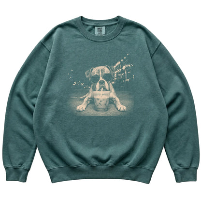 Boxer wearing aviator sunglasses and drinking iced coffee on a Blue Spruce Comfort Colors 1566 Sweatshirt, flat lay view