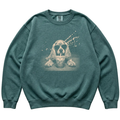 Cocker Spaniel wearing aviator sunglasses and drinking iced coffee on a Blue Spruce Comfort Colors 1566 Sweatshirt, flat lay view