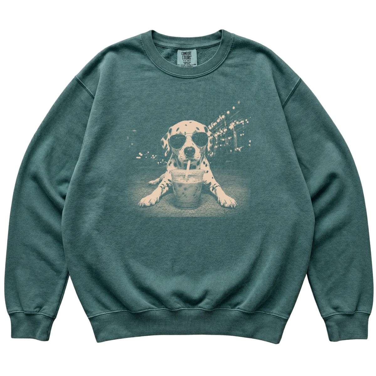 Dalmatian wearing aviator sunglasses and drinking iced coffee on a Blue Spruce Comfort Colors 1566 Sweatshirt, flat lay view