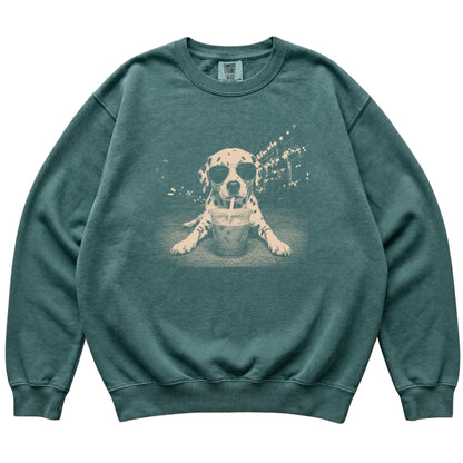 Dalmatian wearing aviator sunglasses and drinking iced coffee on a Blue Spruce Comfort Colors 1566 Sweatshirt, flat lay view