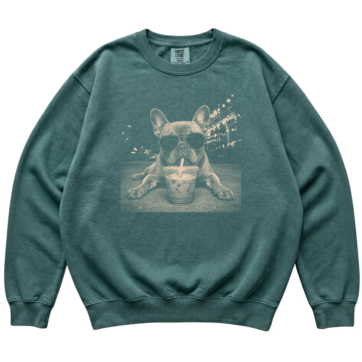 French Bulldog wearing aviator sunglasses and drinking iced coffee on a Blue Spruce Comfort Colors 1566 Sweatshirt, flat lay view