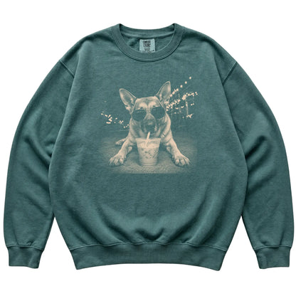 German Shepherd wearing aviator sunglasses and drinking iced coffee on a Blue Spruce Comfort Colors 1566 Sweatshirt, flat lay view