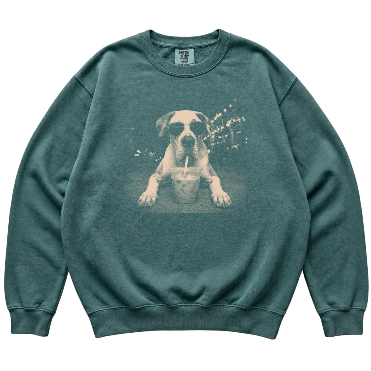 Great Dane wearing aviator sunglasses and drinking iced coffee on a Blue Spruce Comfort Colors 1566 Sweatshirt, flat lay view