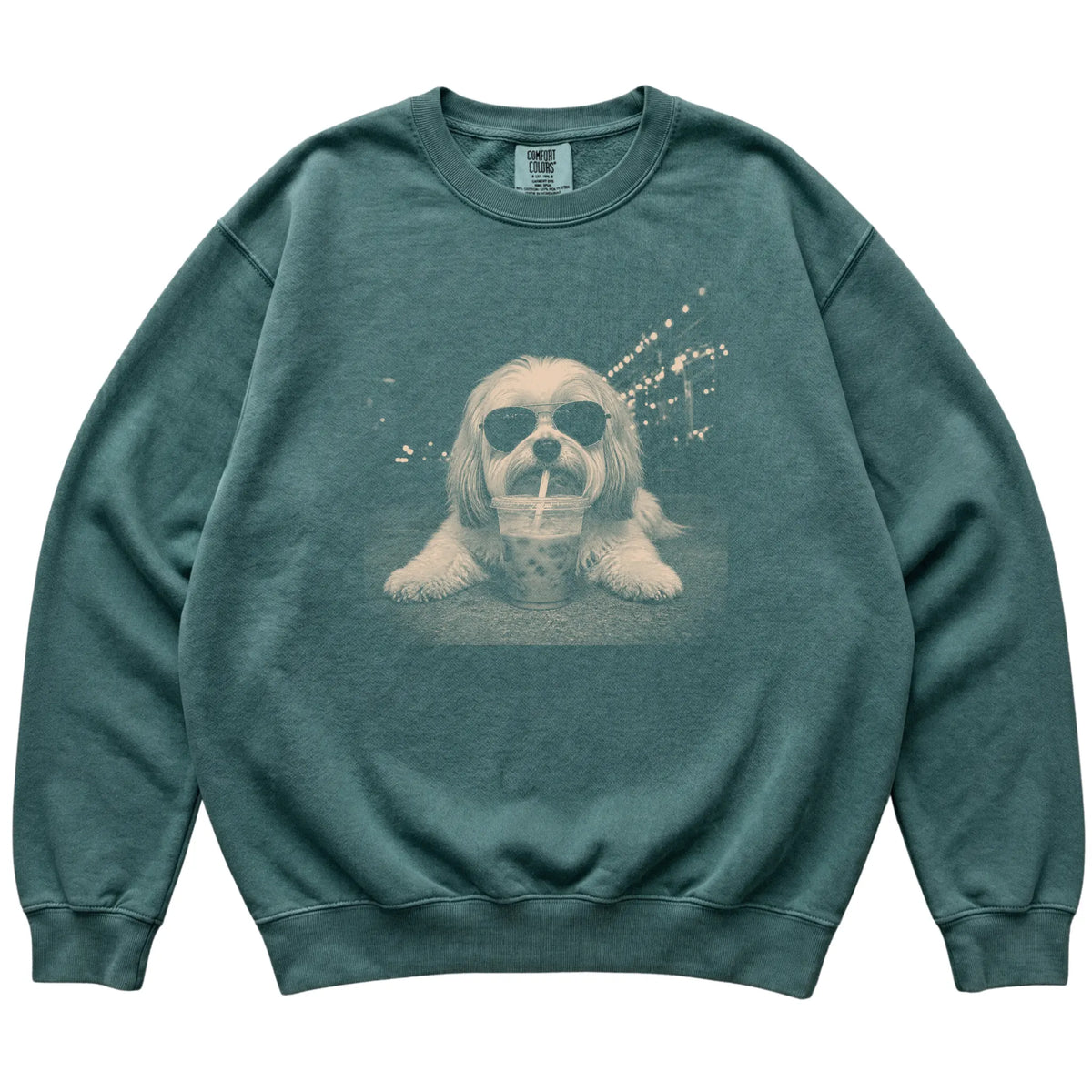 Havanese wearing aviator sunglasses and drinking iced coffee on a Blue Spruce Comfort Colors 1566 Sweatshirt, flat lay view