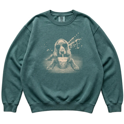 Irish Setter wearing aviator sunglasses and drinking iced coffee on a Blue Spruce Comfort Colors 1566 Sweatshirt, flat lay view