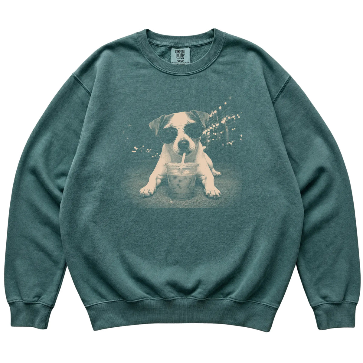 Jack Russell wearing aviator sunglasses and drinking iced coffee on a Blue Spruce Comfort Colors 1566 Sweatshirt, flat lay view