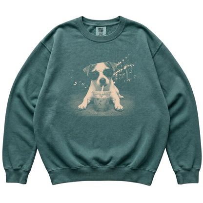 Jack Russell wearing aviator sunglasses and drinking iced coffee on a Blue Spruce Comfort Colors 1566 Sweatshirt, flat lay view