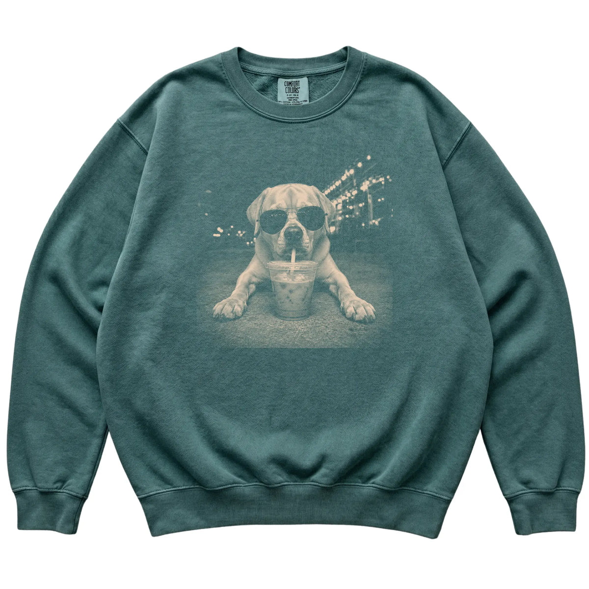 Labrador Retriever wearing aviator sunglasses and drinking iced coffee on a Blue Spruce Comfort Colors 1566 Sweatshirt, flat lay view