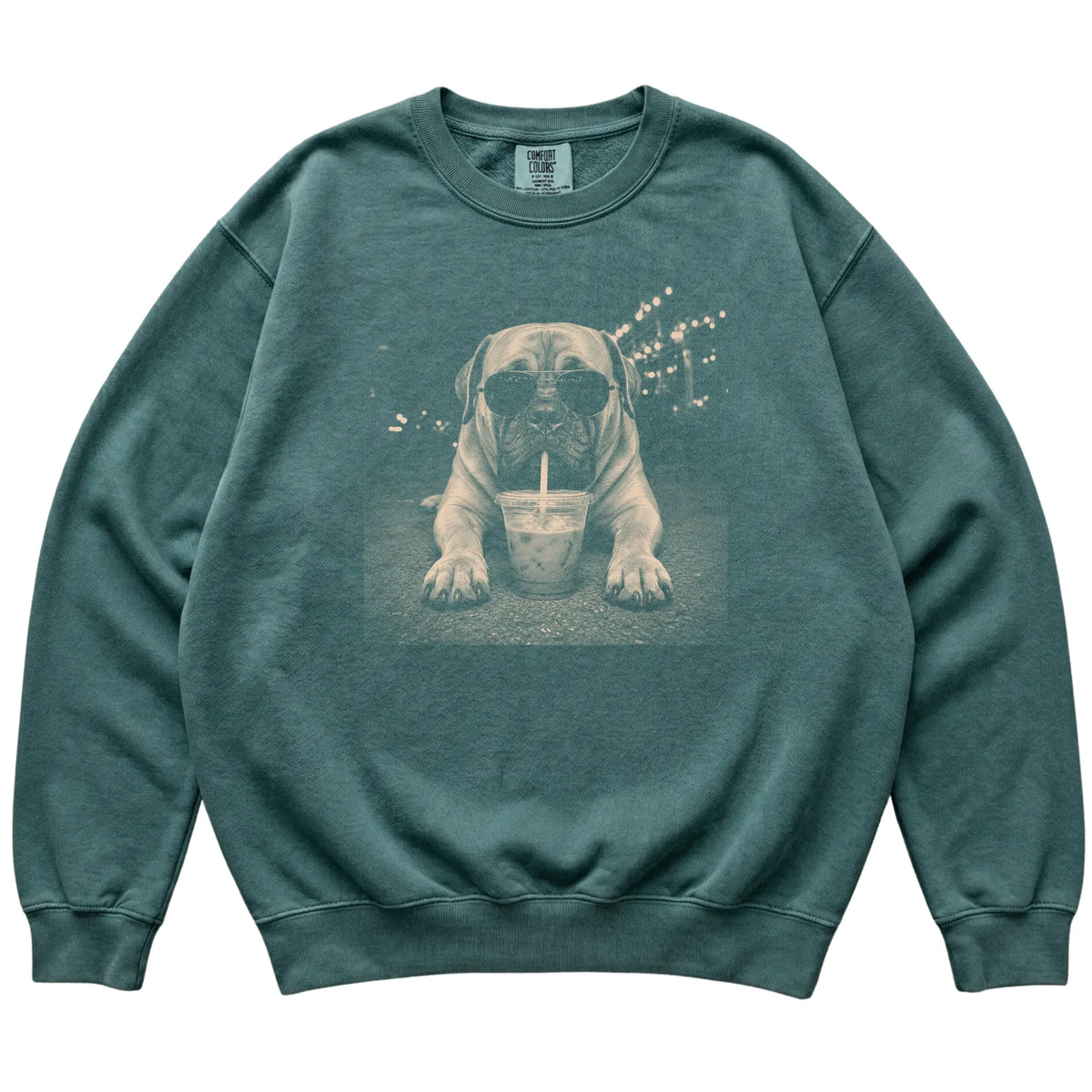 Mastiff wearing aviator sunglasses and drinking iced coffee on a Blue Spruce Comfort Colors 1566 Sweatshirt, flat lay view