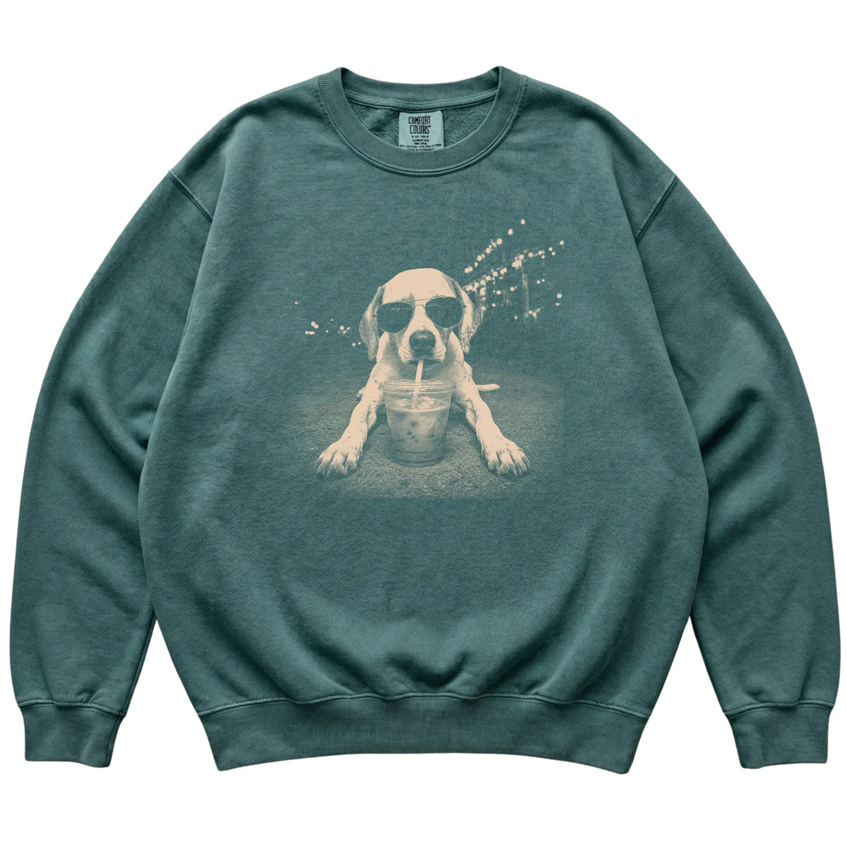 Pointer wearing aviator sunglasses and drinking iced coffee on a Blue Spruce Comfort Colors 1566 Sweatshirt, flat lay view