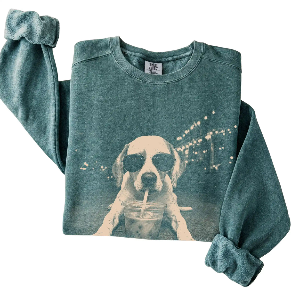 Pointer wearing aviator sunglasses and drinking iced coffee on a Blue Spruce Comfort Colors 1566 Sweatshirt, folded view