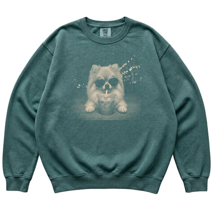 Pomeranian wearing aviator sunglasses and drinking iced coffee on a Blue Spruce Comfort Colors 1566 Sweatshirt, flat lay view