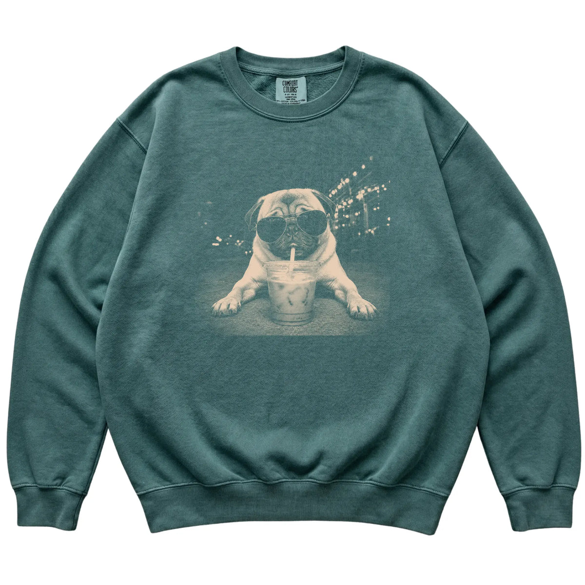 Pug wearing aviator sunglasses and drinking iced coffee on a Blue Spruce Comfort Colors 1566 Sweatshirt, flat lay view