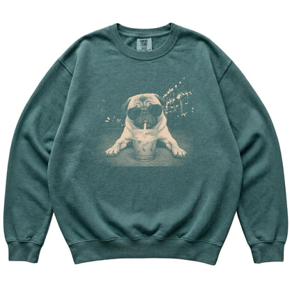 Pug wearing aviator sunglasses and drinking iced coffee on a Blue Spruce Comfort Colors 1566 Sweatshirt, flat lay view