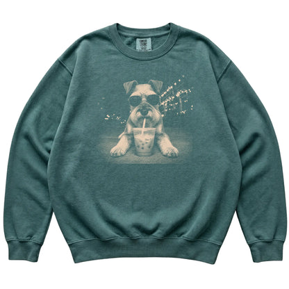 Schnauzer wearing aviator sunglasses and drinking iced coffee on a Blue Spruce Comfort Colors 1566 Sweatshirt, flat lay view