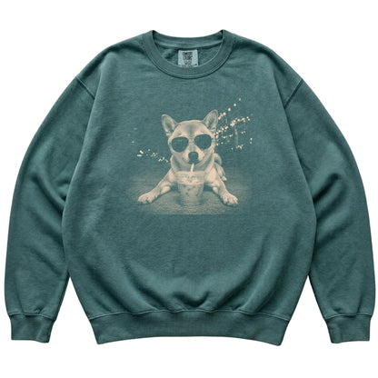 Shiba Inu wearing aviator sunglasses and drinking iced coffee on a Blue Spruce Comfort Colors 1566 Sweatshirt, flat lay view