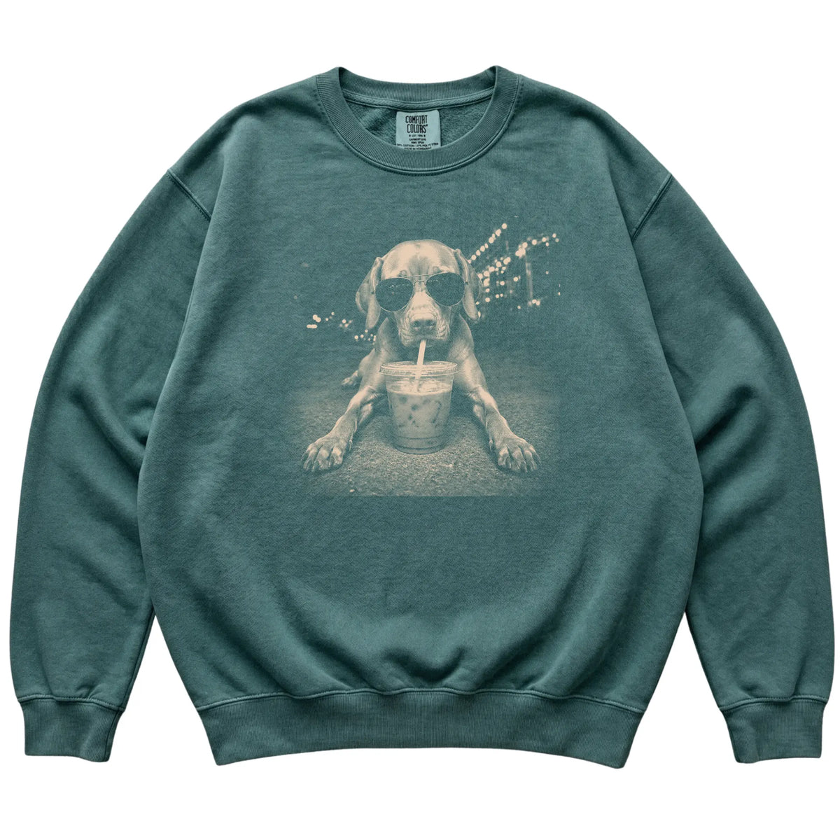 Vizsla wearing aviator sunglasses and drinking iced coffee on a Blue Spruce Comfort Colors 1566 Sweatshirt, flat lay view