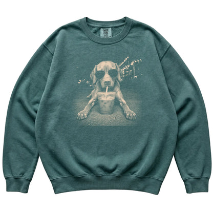 Vizsla wearing aviator sunglasses and drinking iced coffee on a Blue Spruce Comfort Colors 1566 Sweatshirt, flat lay view