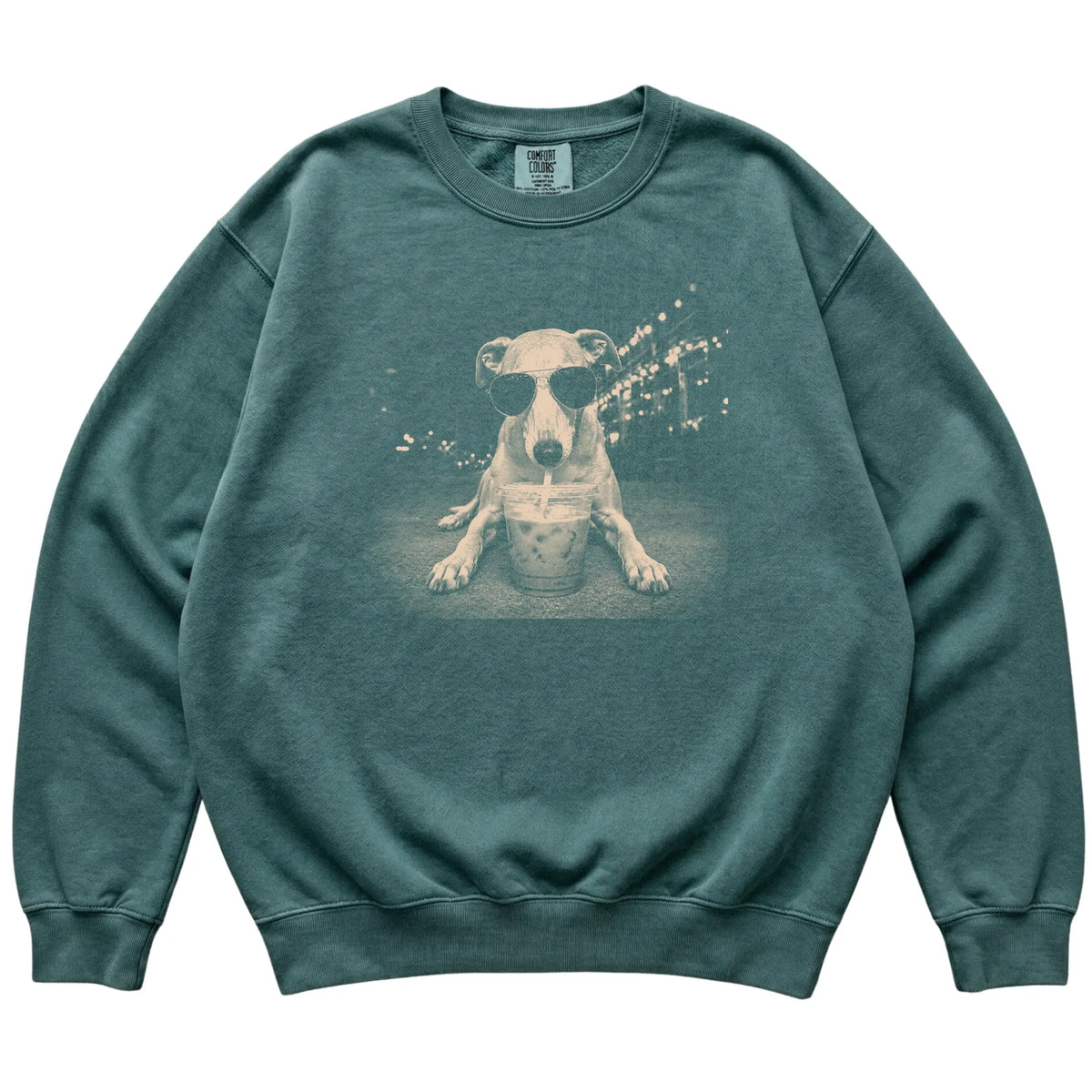 Whippet wearing aviator sunglasses and drinking iced coffee on a Blue Spruce Comfort Colors 1566 Sweatshirt, flat lay view
