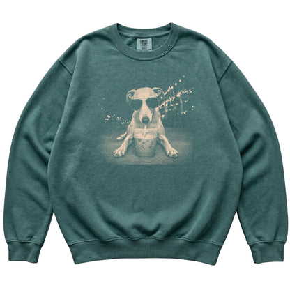 Whippet wearing aviator sunglasses and drinking iced coffee on a Blue Spruce Comfort Colors 1566 Sweatshirt, flat lay view